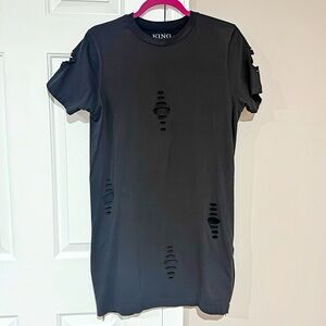 Y2K Distressed Black Short Sleeve Tee Dress Tunic with Zippers Medium